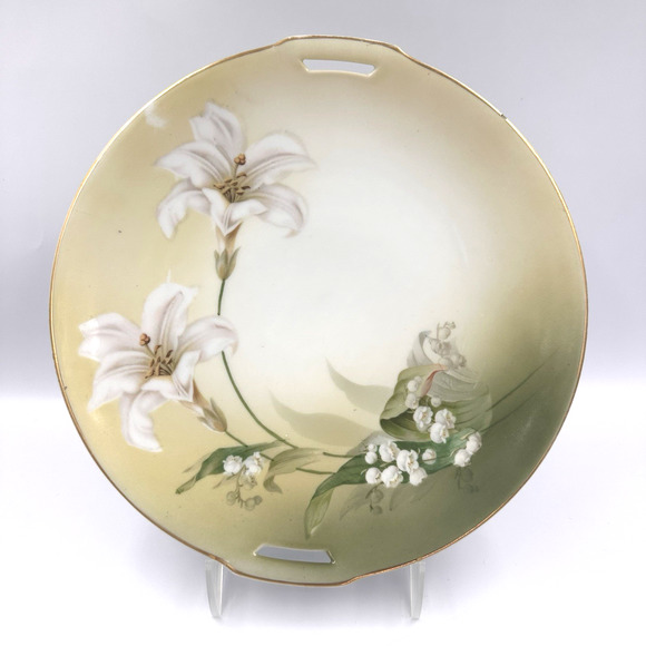 RS Tillowitz Hand Painted Porcelain Plate w/Handles White Lily Gold Trim 1920's - Picture 1 of 10